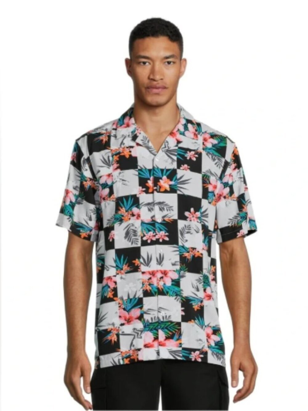 No Boundaries Floral Check Button-Up Shirt - Coral & Teal on Gray Men's Size XS